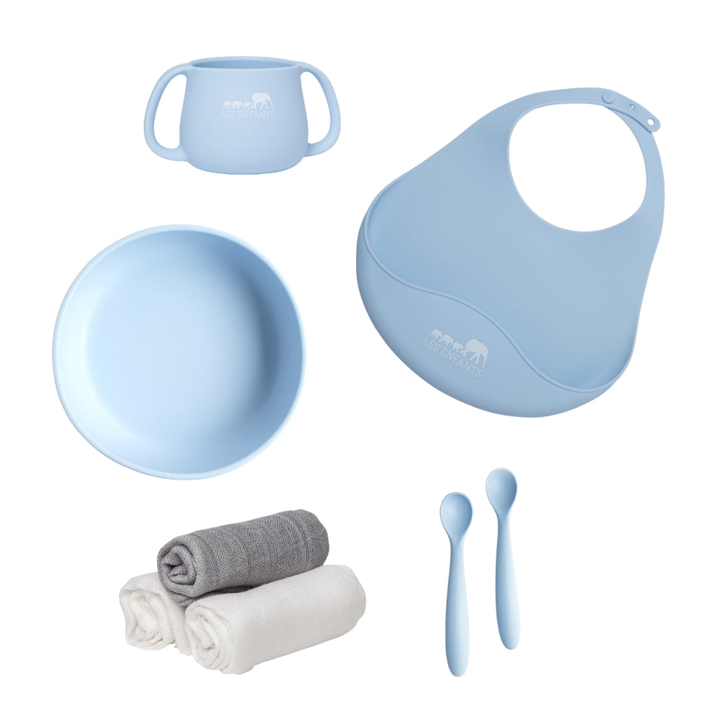 Eating Gold Bundle (Plate Bowl + Spoon Set + Bib + Cup + Muslin Squares Set) - Blue
