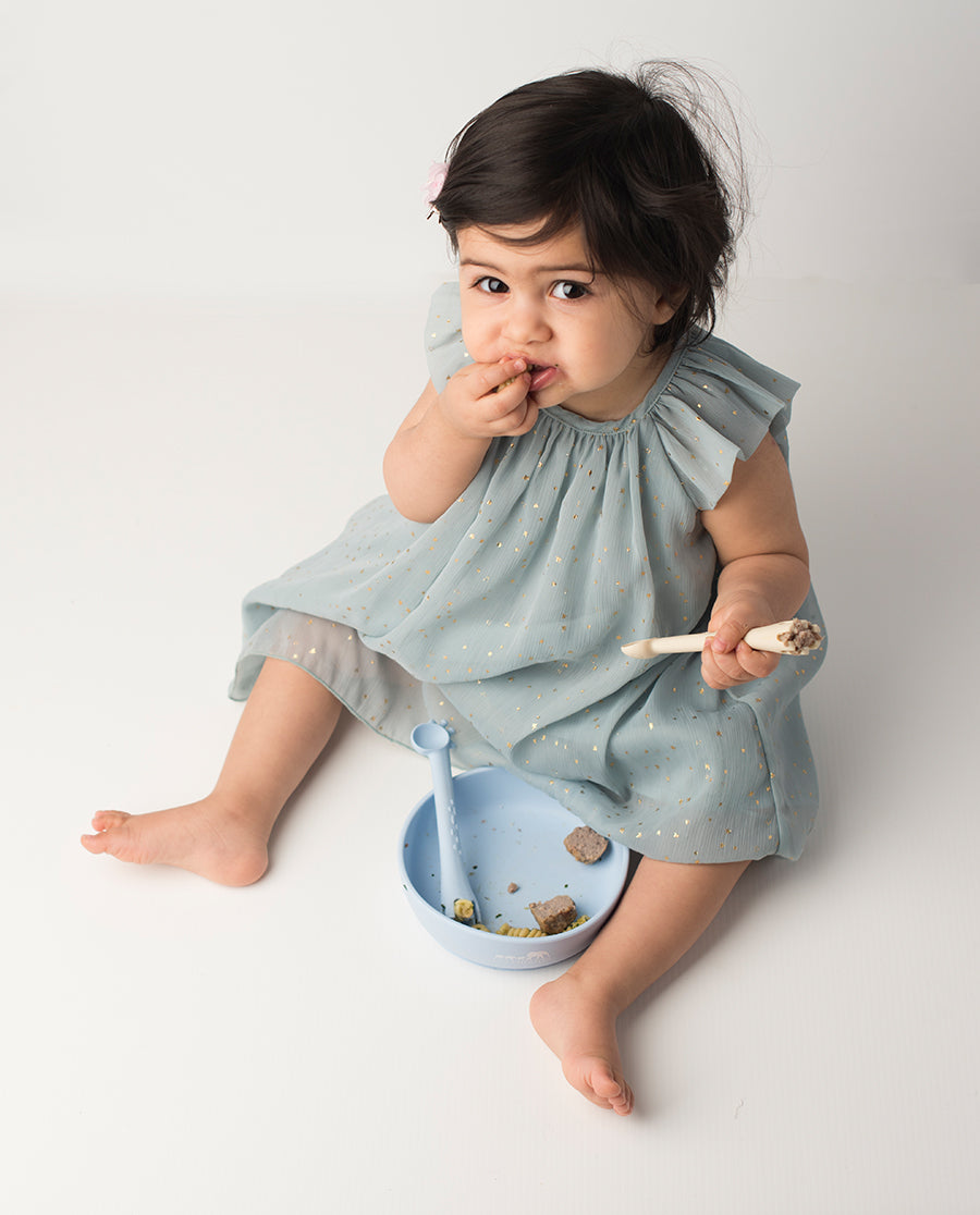 Les Enfants Silicon Baby Bowl and cutlery set Blue baby model eating