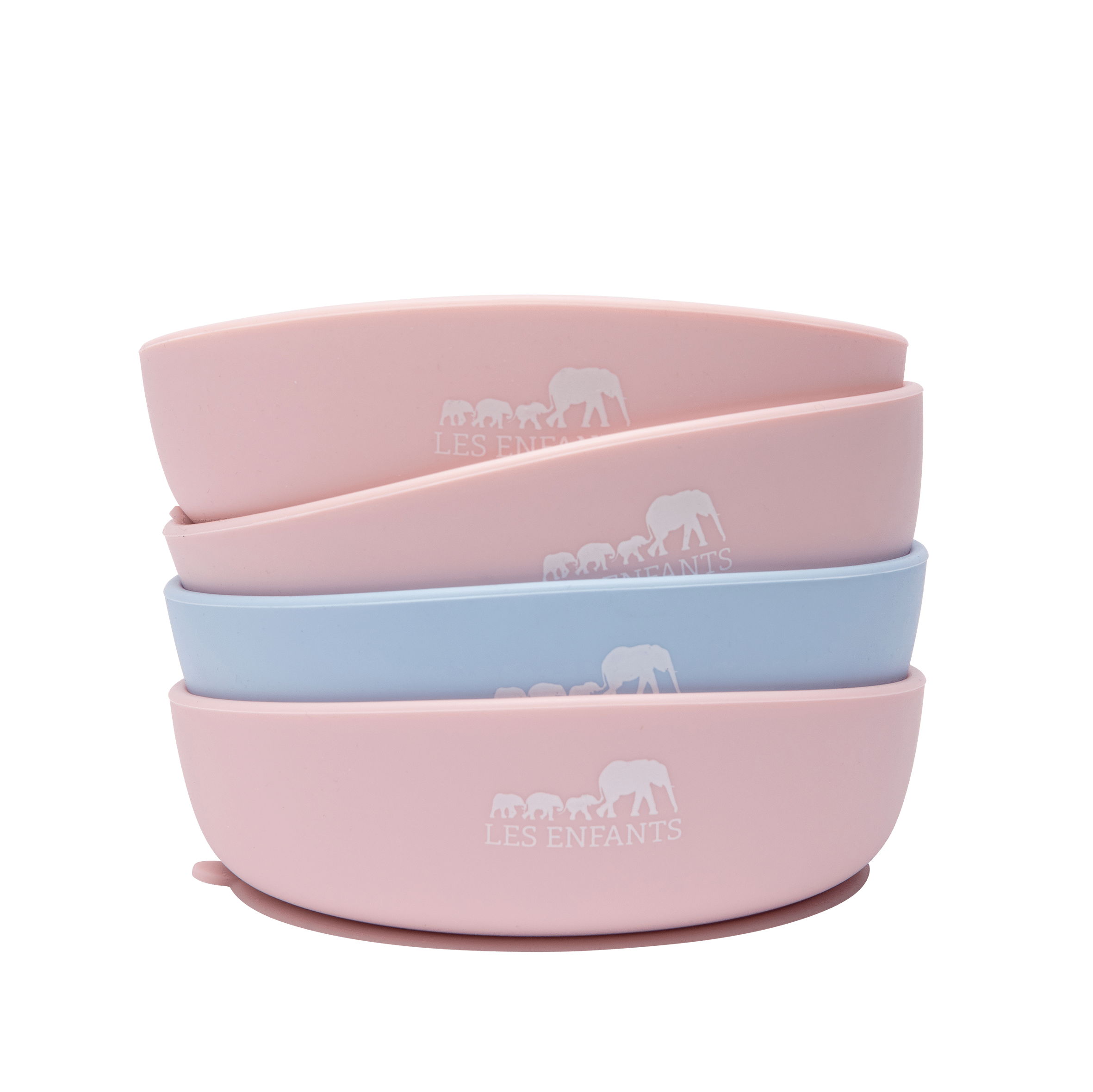 les enfants silicon bowl that sticks to surface eating collection pink several bowls stacked up