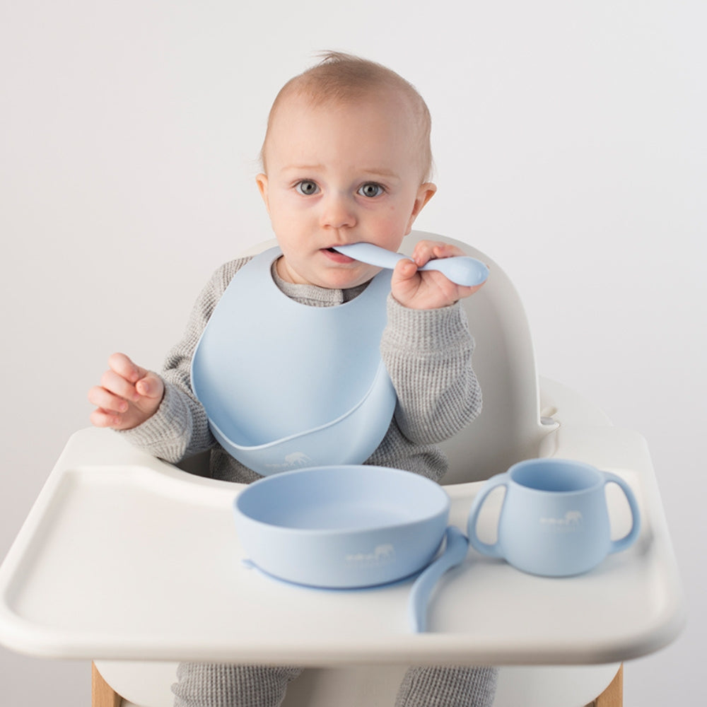 Eating Gold Bundle (Plate Bowl + Spoon Set + Bib + Cup + Muslin Squares Set) - Blue
