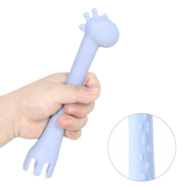 les enfants silicon giraffe spoon fork duo eating collection teething toy blue showing grip