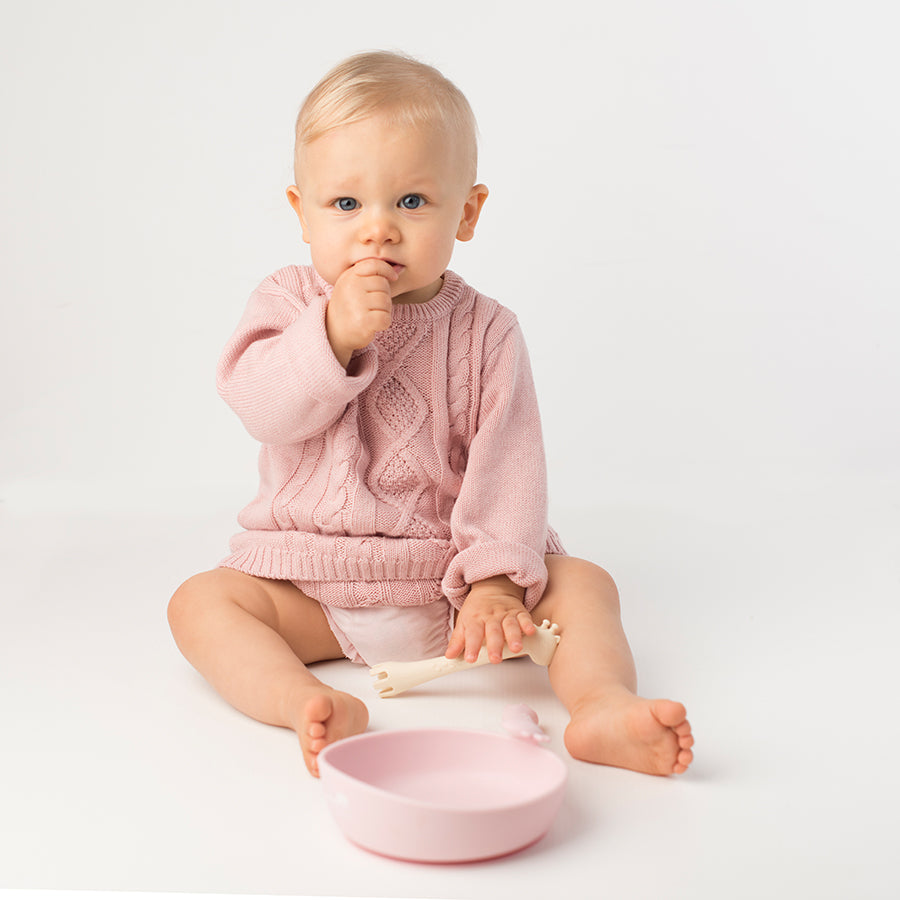 Les Enfants Silicon Baby Bowl and cutlery set pink and sand baby model eating