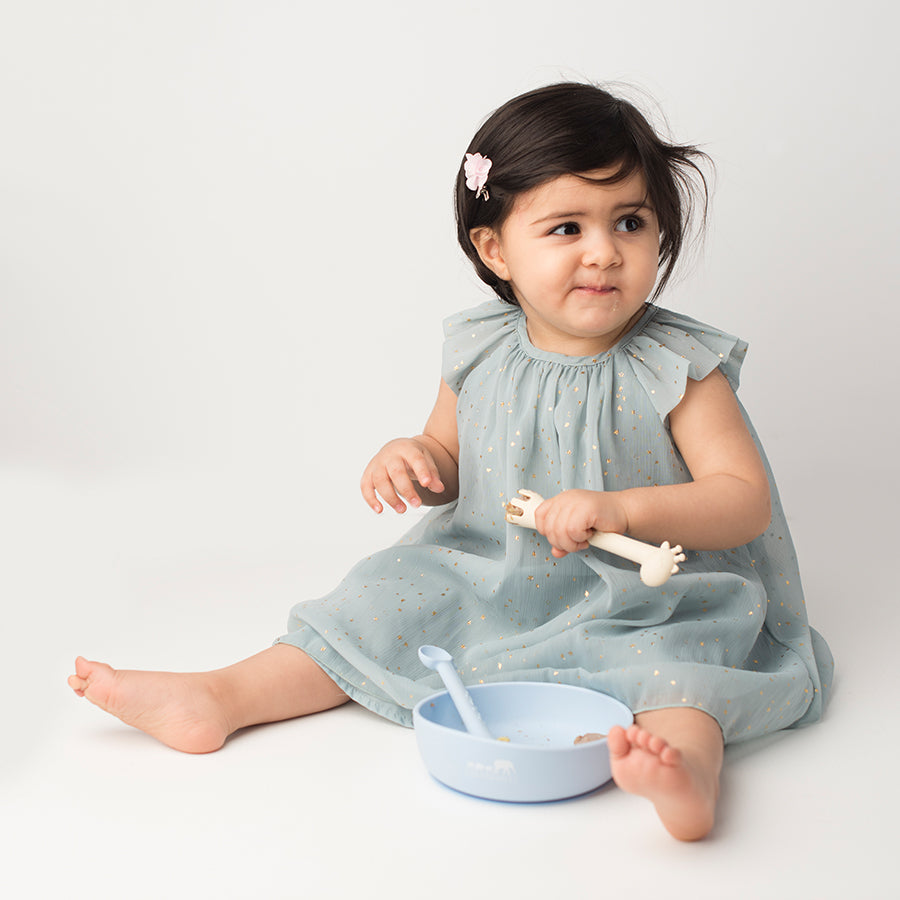 Les Enfants Silicon Baby Bowl and cutlery set Blue baby model