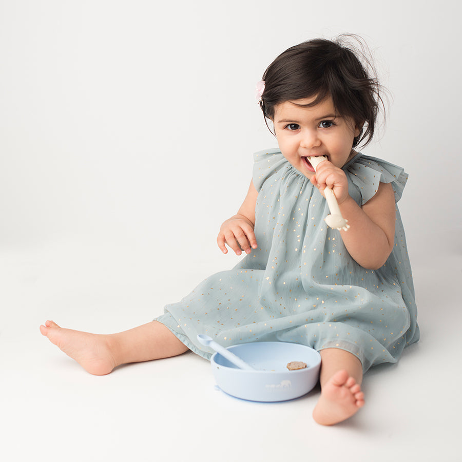 LES ENFANTS SILICON BABY BOWL AND CUTLERY SET WITH BABY MODEL