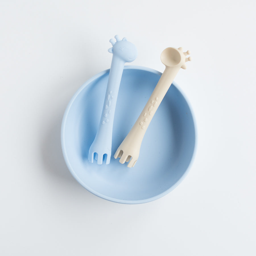 Les Enfants Silicon Baby Bowl and cutlery set Blue sand