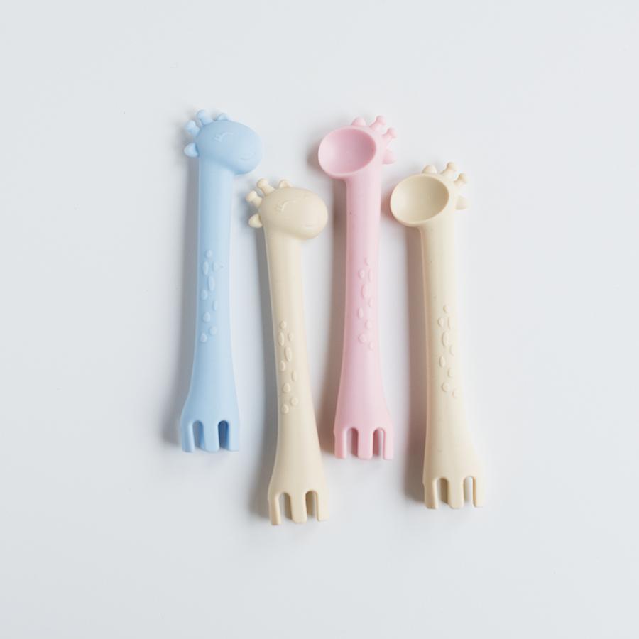 Les Enfants Silicon Baby Cutlery Set giraffe spoon and fork duo in all colours Pink Blue Sand
