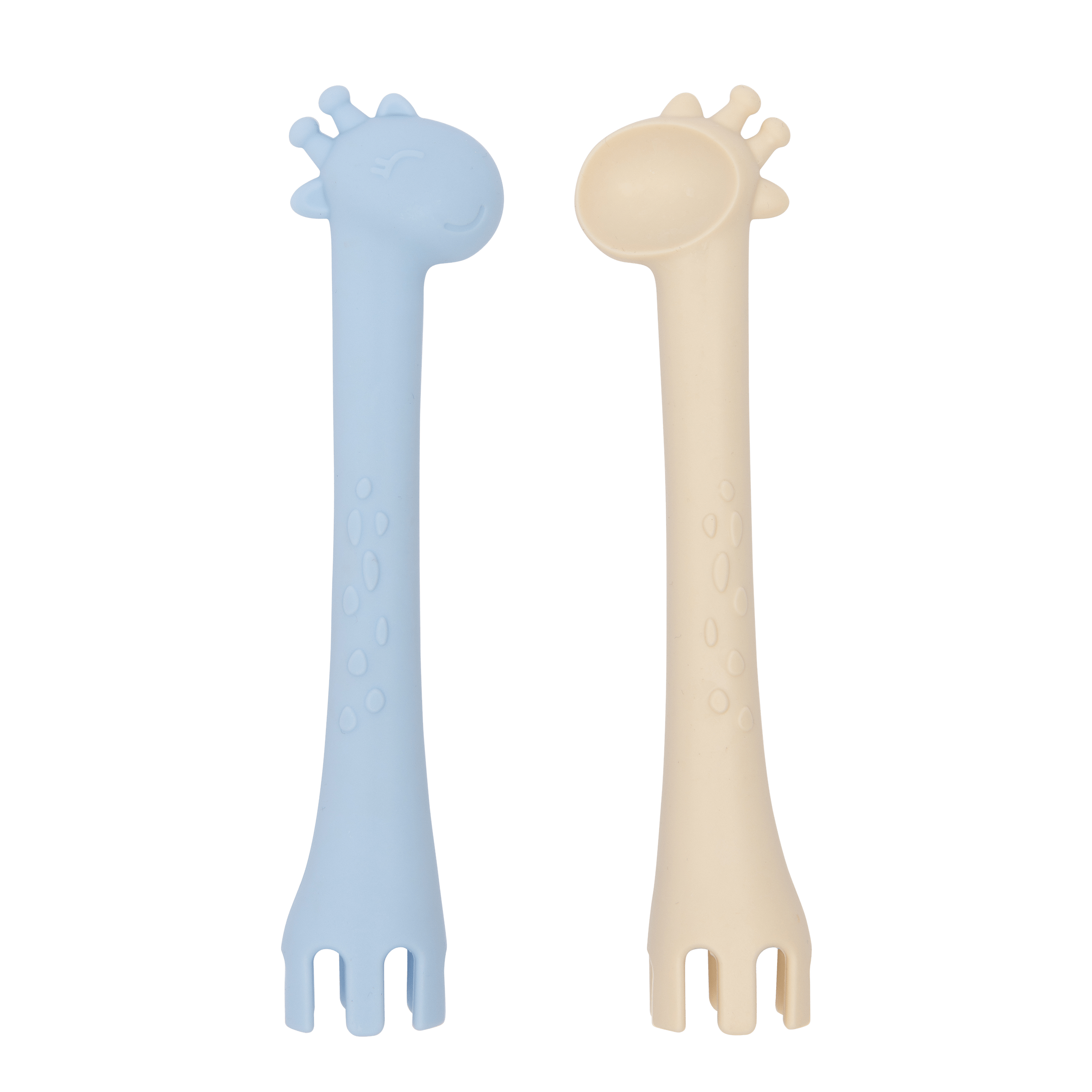 les enfants silicon giraffe spoon fork duo eating collection teething toy blue and sand