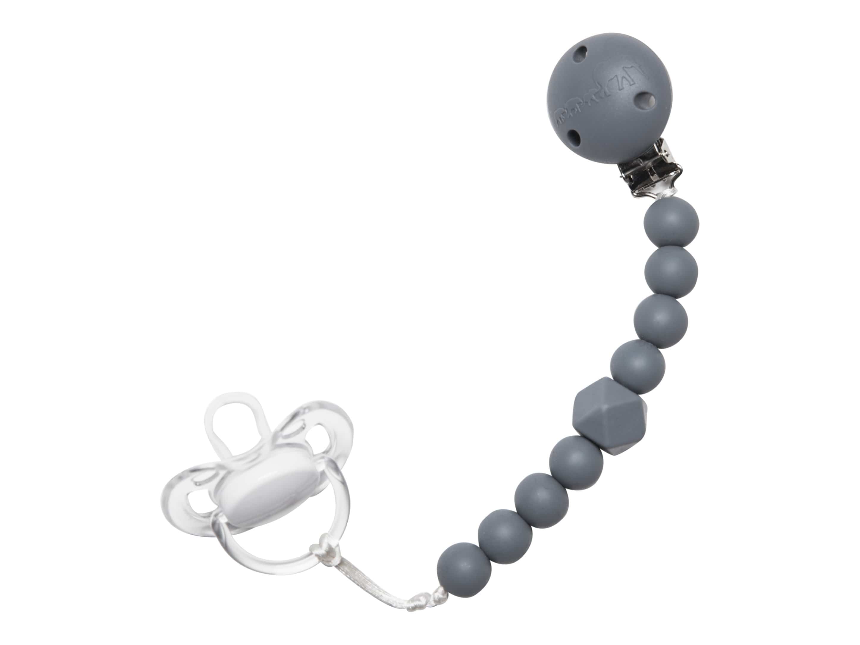 The Les Enfants Chewy Pacifier Clip grey with a dummy pacifier