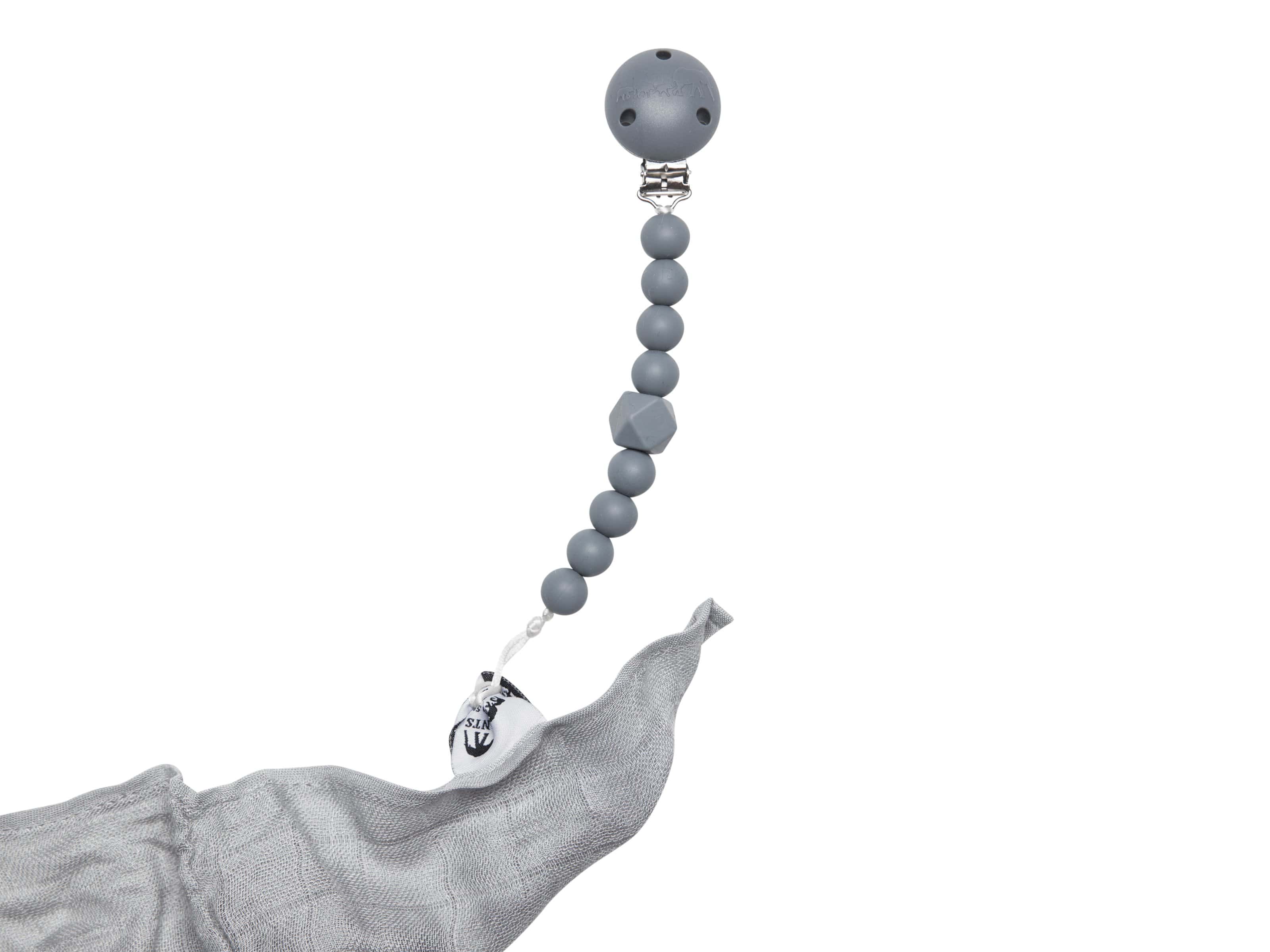 The Les Enfants Chewy Pacifier Clip grey with a cloth security blanket