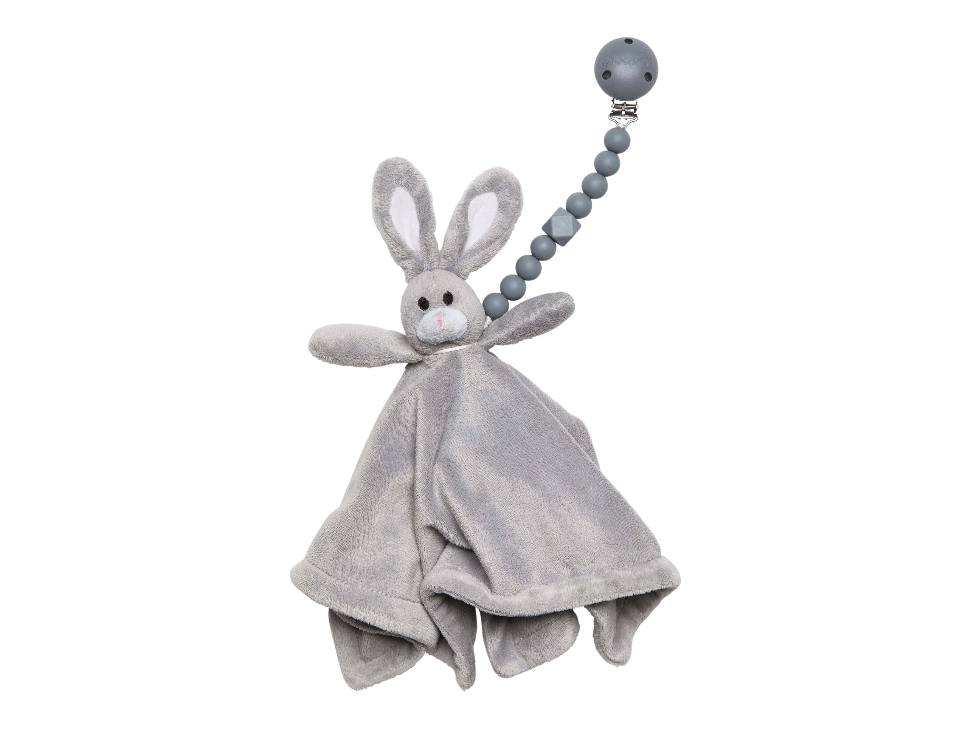 The Les Enfants Chewy Pacifier Clip grey with a soft rabbit toy