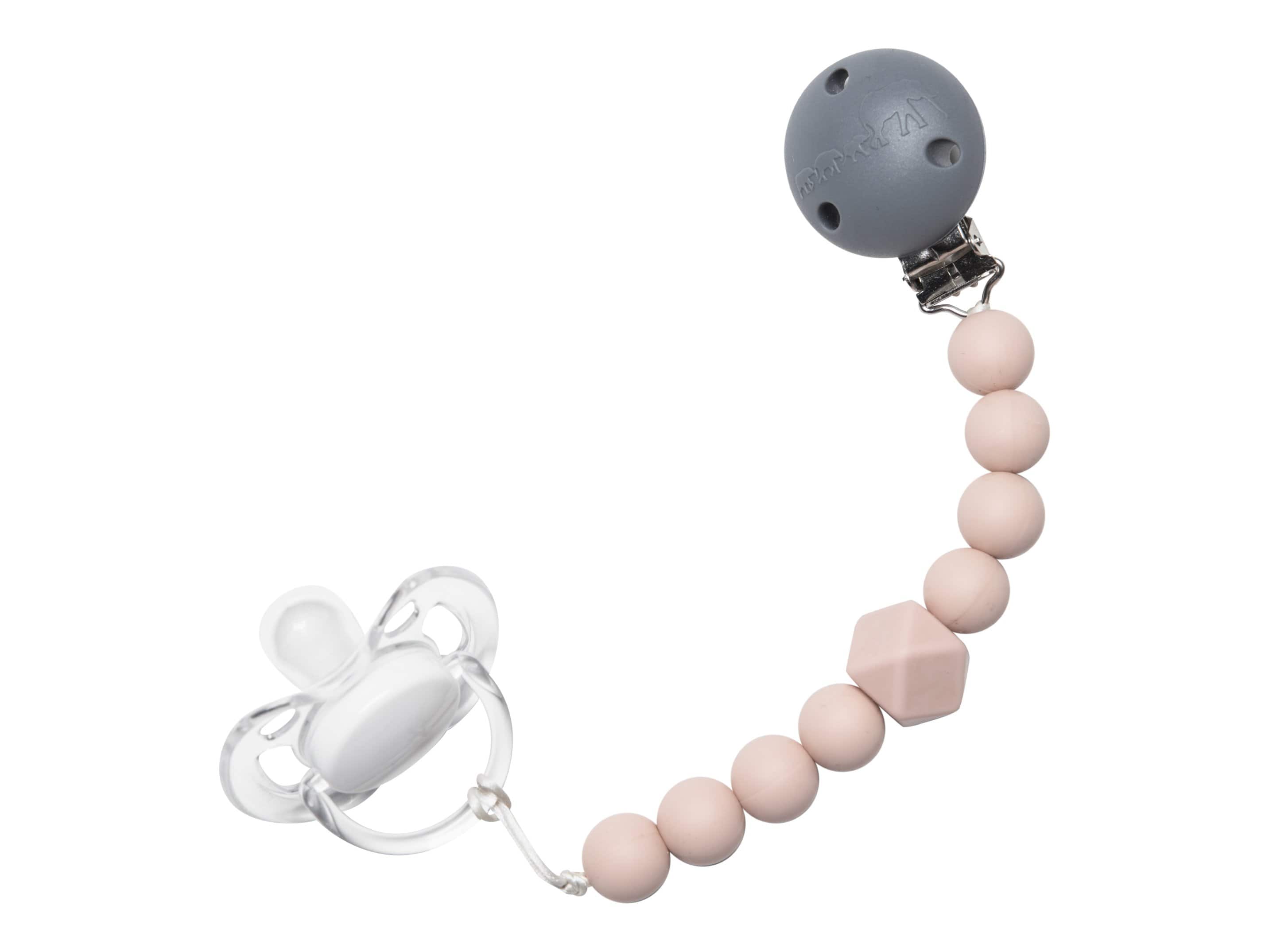 The Les Enfants Chewy Pacifier Clip pink with a dummy pacifier