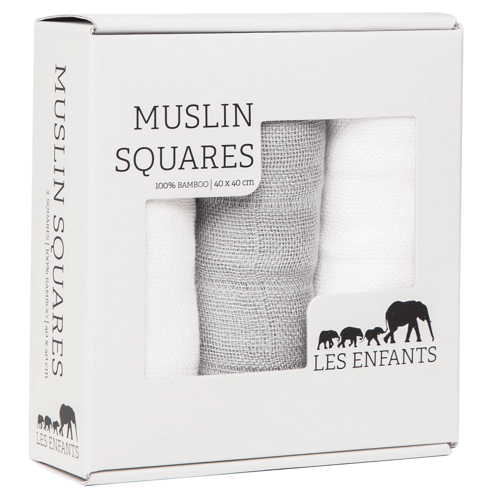 Les Enfants pack of Muslin squares, 2 whites & 1 grey